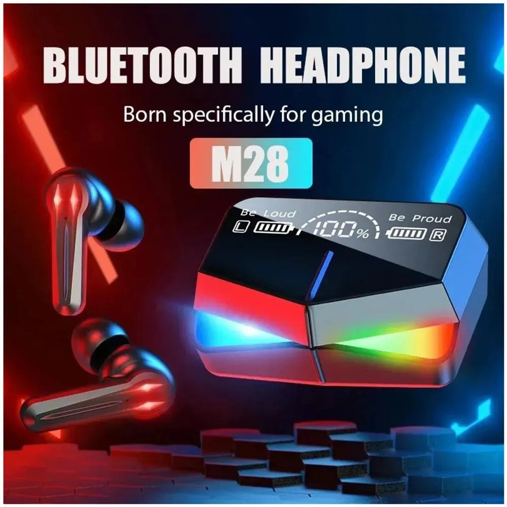 🎧🔥 Sonido envolvente. ⚡ Baja latencia para juegos. 🎤 Micrófono integrado. 💡 Iluminación LED. 🔋 Estuche de carga portátil con pantalla digital.