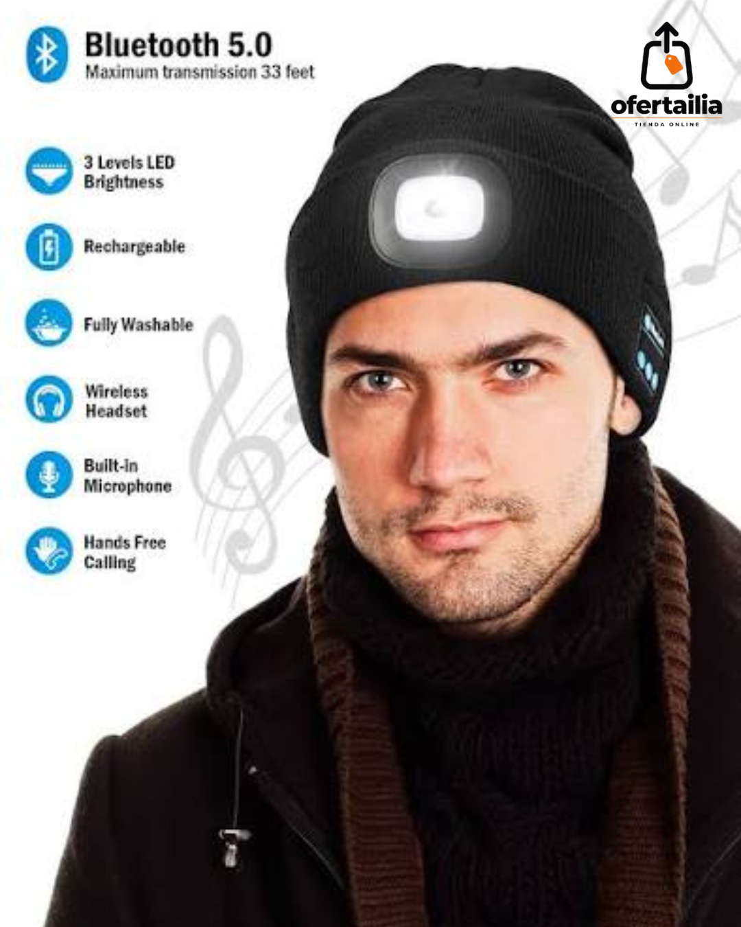 Gorro Reproductor de Música con Linterna LED