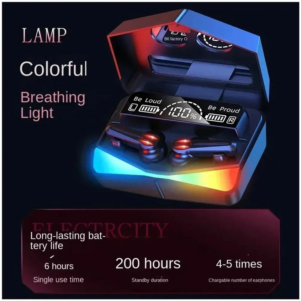 🎧🔥 Sonido envolvente. ⚡ Baja latencia para juegos. 🎤 Micrófono integrado. 💡 Iluminación LED. 🔋 Estuche de carga portátil con pantalla digital.